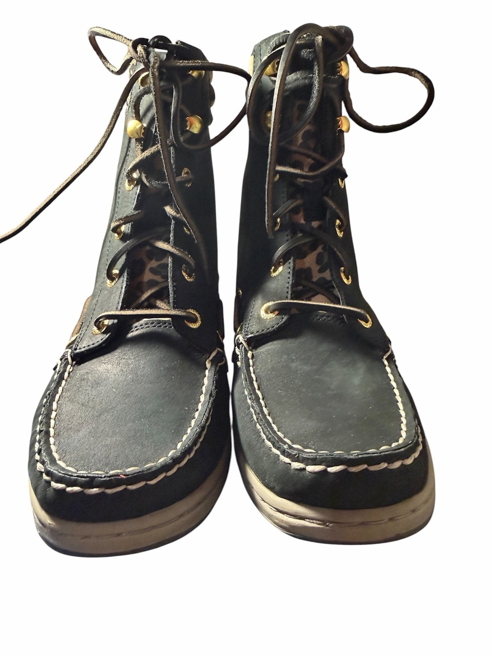 Sperry Black Lace-Up Hikerfish Ankle Boots with Leopard Accents - Picture 4 of 10